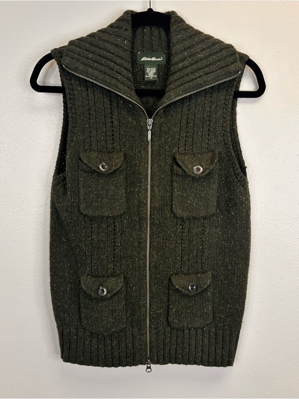 Dark Green Knit Zip-Up Vest Pockets Size M Cotton Angora Gorpcore Granola Hiking